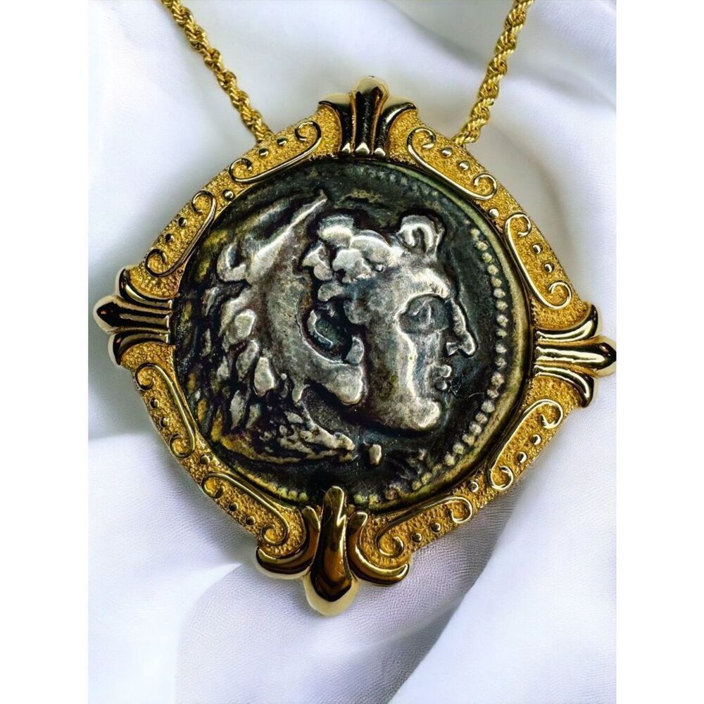 14k Gold Ancient Alexander The Great Coin Necklace 16" Etruscan Revival 7.2g